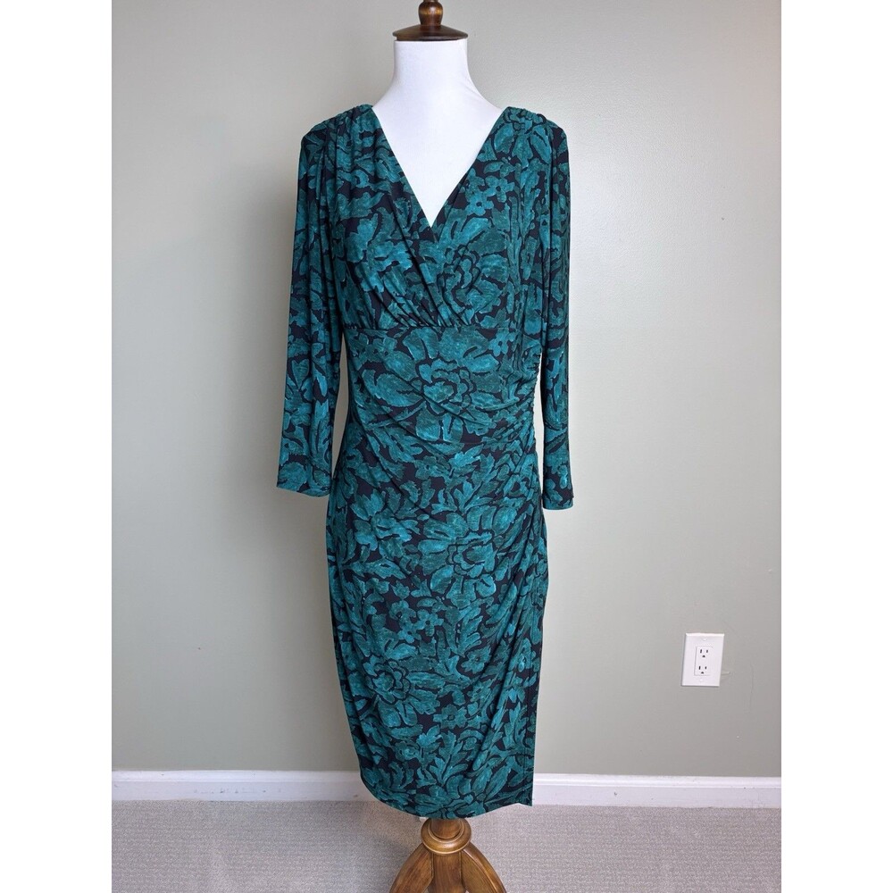 Lauren Ralph Lauren Floral Faux Wrap Dress Midi 3/4 Sleeve Sz 8 Wedding Guest
